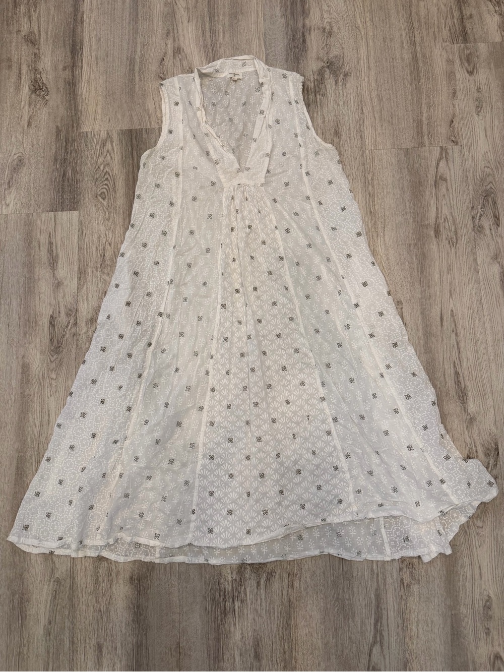 World Market S/M White Cotton Block Print Midi Dress Boho Pockets